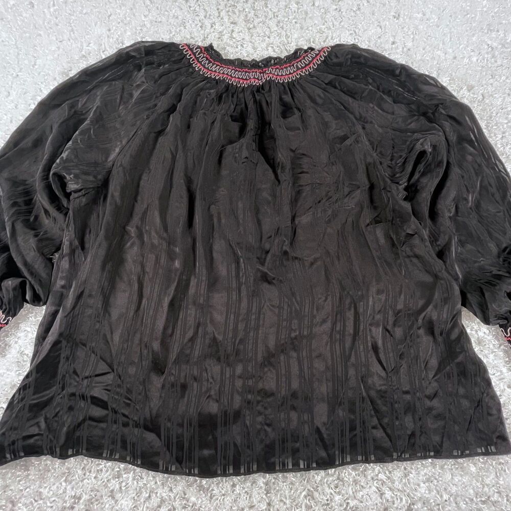 Johnny Was L Silk Zig Zag Embroidered Blouse Black Tassels Boho Peasant Top Luxe - Picture 12 of 14